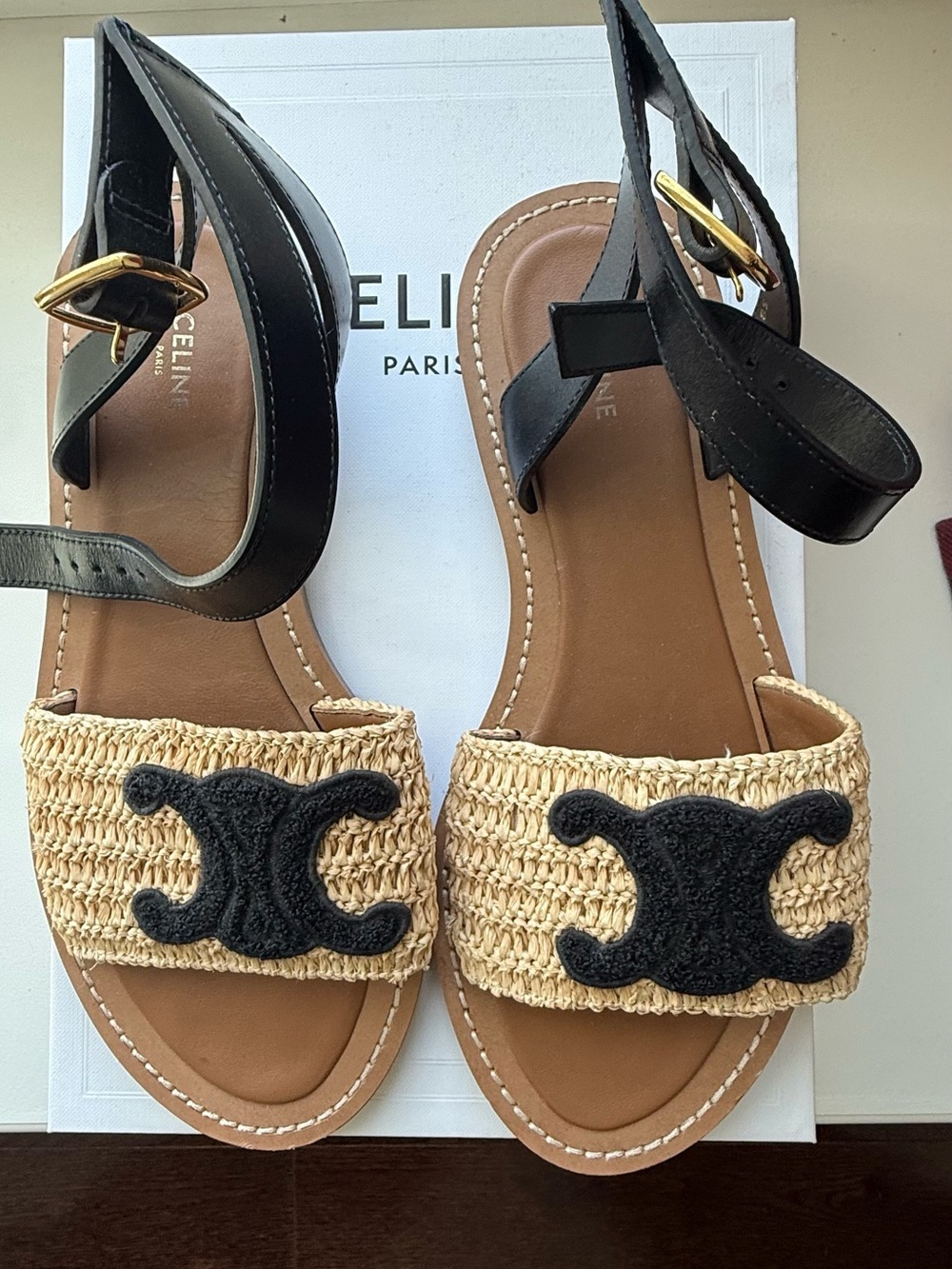 Celine Black Leather & Natural Raffia Logo Band Sandals